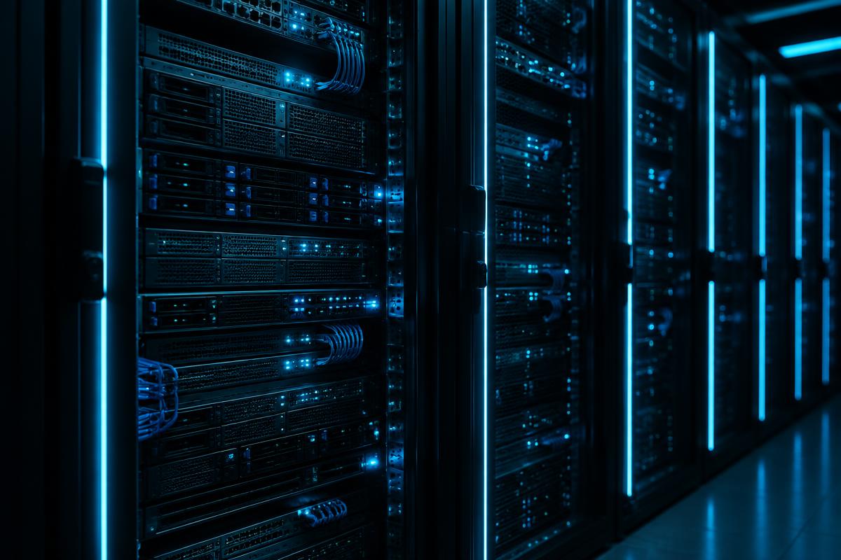 Server racks illuminated by cyan lights, representing data infrastructure